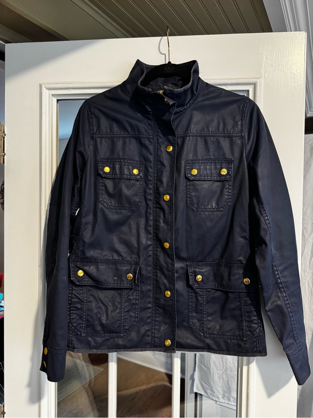 J. Crew Navy Waxed Cotton Jacket with Gold Buttons
